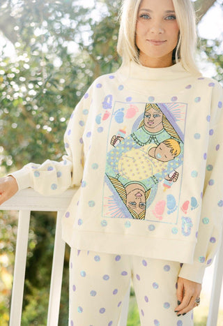 Beige & Lavender Polka Dot QOS Mama Card Logo Sweatshirt - Boutique Bella Bella