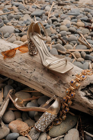 BERNELLE-GOLD RHINESTONE BLOCK HEELED SANDAL - Boutique Bella BellaHeels