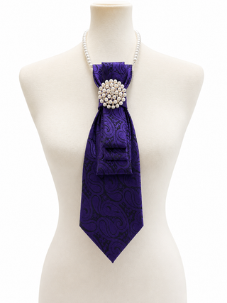 Custom Necktie Necklace- Purple Paisley w Pearl Brooch