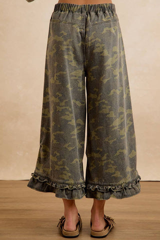 CAMOUFLAGE DENIM RUFFLED HEM MID RISE BLOOMER PANTS