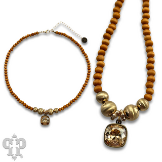 Round wood and brushed gold bead necklace with Austrian crystal, last call