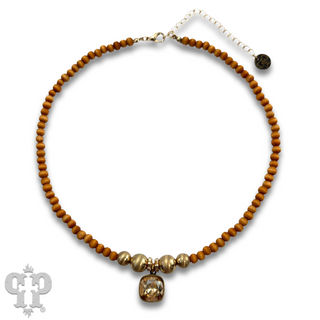 Round wood and brushed gold bead necklace with Austrian crystal, last call