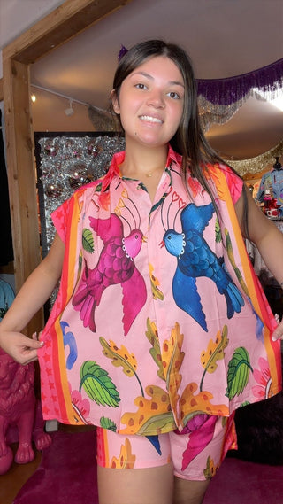 Bird & Floral Star Print Satin Silk 2-Piece Set - Boutique Bella BellaSet