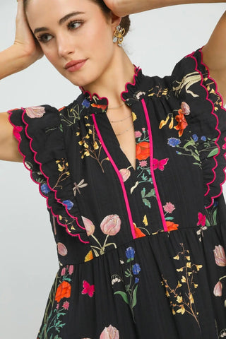 Black Blossom Ruffle Midi - Boutique Bella BellaDress