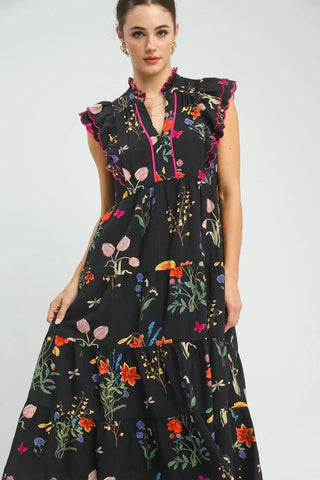 Black Blossom Ruffle Midi - Boutique Bella BellaDress