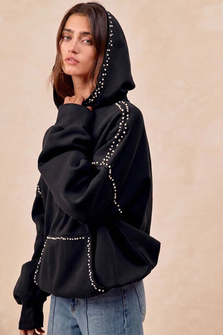 BLACK BRUSHED TERRY HALF ZIP UP HOODIE TOP WITH JEWELED - Boutique Bella BellaTops