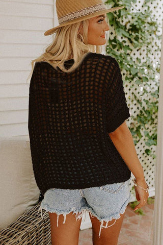 Black Fishnet Knit Ribbed Round Neck Sweater Tee - Boutique Bella BellaSweeter Tea
