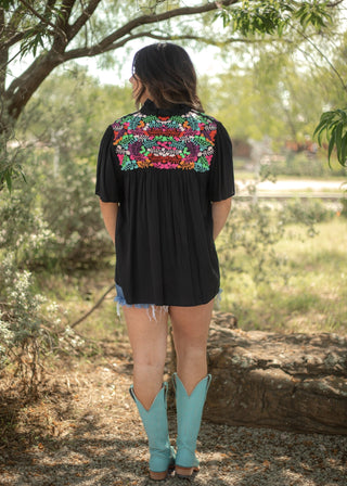 Black Flowy Top with Embroidery - Boutique Bella BellaTops