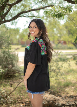 Black Flowy Top with Embroidery - Boutique Bella BellaTops