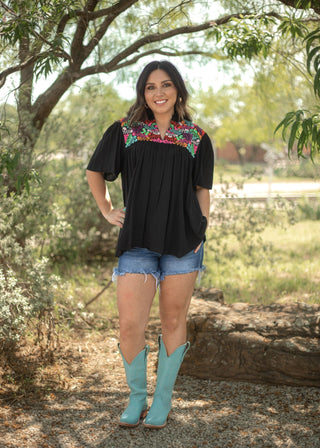 Black Flowy Top with Embroidery - Boutique Bella BellaTops