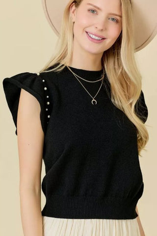 Black Flutter Ruffle Sleeve Sweater Knit Top W/ Pearl Detail - Boutique Bella BellaTops