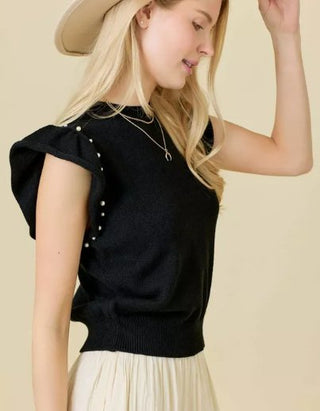 Black Flutter Ruffle Sleeve Sweater Knit Top W/ Pearl Detail - Boutique Bella BellaTops