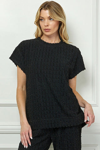 Black Glitter Textured Short Sleeve Top - Boutique Bella Bellatop