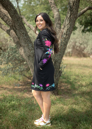 Black Long sleeve Hooded Dress w/ Floral & Bird Design - Boutique Bella BellaDress