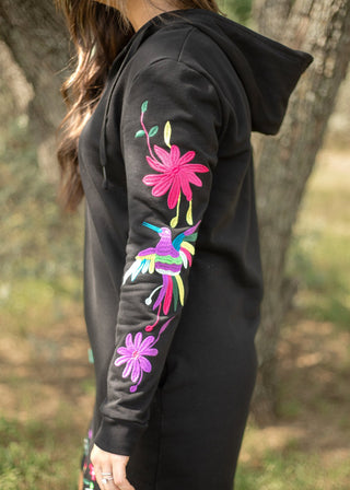 Black Long sleeve Hooded Dress w/ Floral & Bird Design - Boutique Bella BellaDress