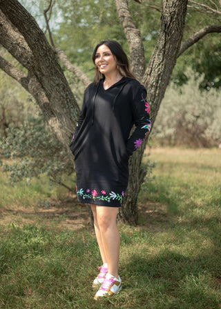 Black Long sleeve Hooded Dress w/ Floral & Bird Design - Boutique Bella BellaDress