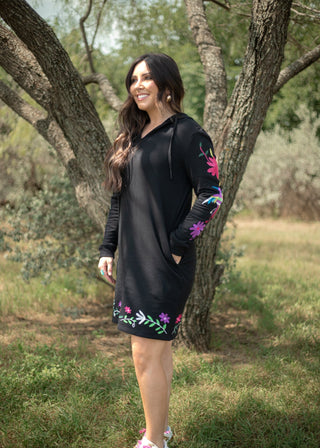 Black Long sleeve Hooded Dress w/ Floral & Bird Design - Boutique Bella BellaDress