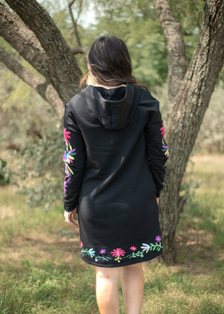 Black Long sleeve Hooded Dress w/ Floral & Bird Design - Boutique Bella BellaDress