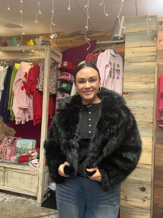 Black Metallic Faux Fur Coat - Boutique Bella Bellacoat