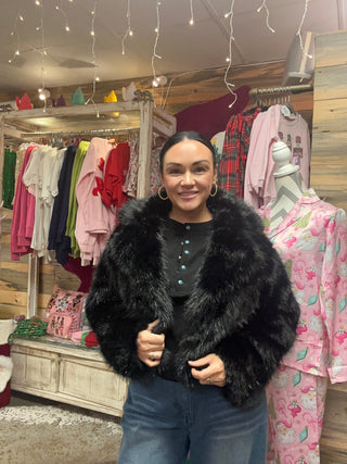 Black Metallic Faux Fur Coat - Boutique Bella Bellacoat