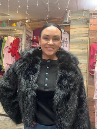 Black Metallic Faux Fur Coat - Boutique Bella Bellacoat