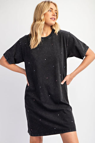 Black Mineral Washed Rhinestone Tunic Dress - Boutique Bella BellaDress