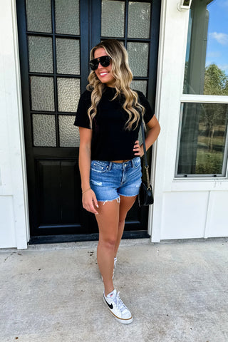 BLACK MORGAN CUFF SLEEVE BASIC TEE - Boutique Bella BellaTop