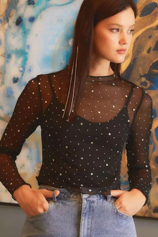 Black Rhinestone Crop Mesh Top - Boutique Bella Bellatop