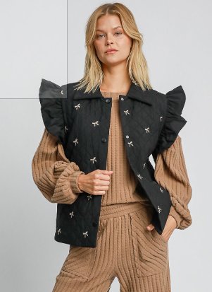 Black Ribbon Embroidered Vest Jacket - Boutique Bella BellaVest