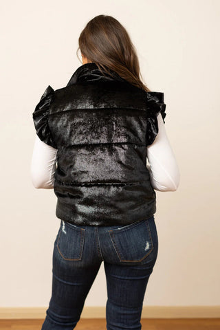 Black Shimmer Ruffle Sleeve Puffer - Boutique Bella BellaPuffer Vest