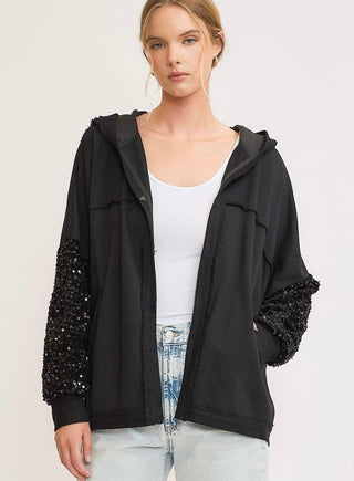 Black Twinkle Star Sequin Sleeve Shacket - Boutique Bella Bellashacket