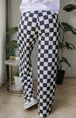 Black & White Checkered Print Wide Leg Pants - Boutique Bella BellaLounge Pants