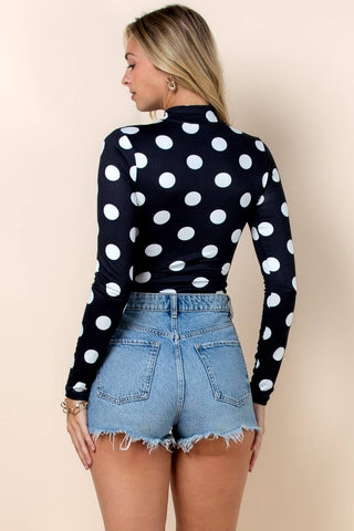 Black & White Polka Dot Print Mock Neck Bodysuit - Boutique Bella BellaBodysuit