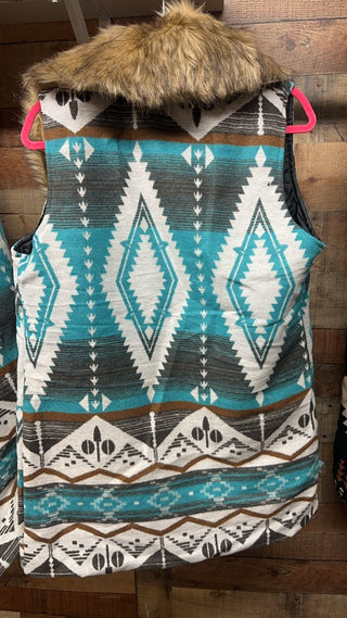 Blue Aztec Fur Lined Vest - Boutique Bella BellaPuffer Vest