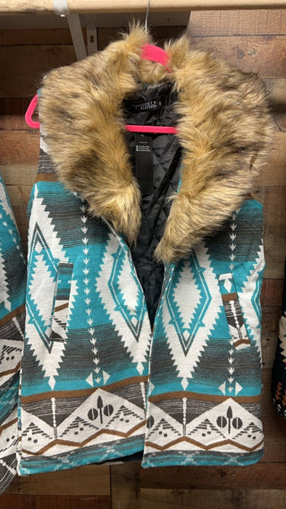 Blue Aztec Fur Lined Vest - Boutique Bella BellaPuffer Vest