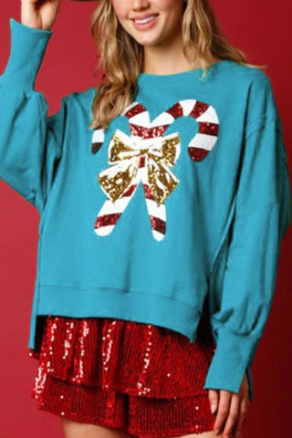 Blue Candy Cane Sequin Patch Sweatshirt - Boutique Bella BellaChristmas Sweatshirt