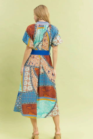 Blue Mix Patchwork Print Midi Dress - Boutique Bella Belladress