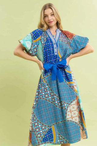 Blue Mix Patchwork Print Midi Dress - Boutique Bella Belladress