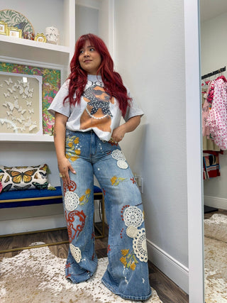 Boho Bloom Embroidered Wide Leg Jeans - Boutique Bella BellaJeans