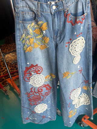 Boho Bloom Embroidered Wide Leg Jeans - Boutique Bella BellaJeans