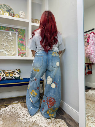 Boho Bloom Embroidered Wide Leg Jeans - Boutique Bella BellaJeans