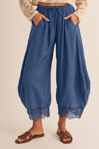 Boho Lace Trim Barrel Balloon Pants - Navy - Boutique Bella BellaPants