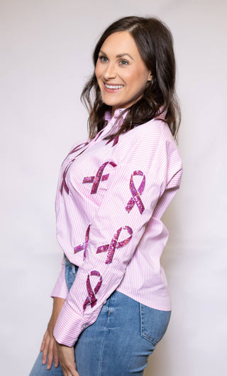 Breast Cancer Ribbons Pink Stripe Button - Down Sequin Shirt - Boutique Bella BellaButton - Up