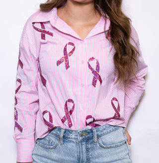 Breast Cancer Ribbons Pink Stripe Button - Down Sequin Shirt - Boutique Bella BellaButton - Up