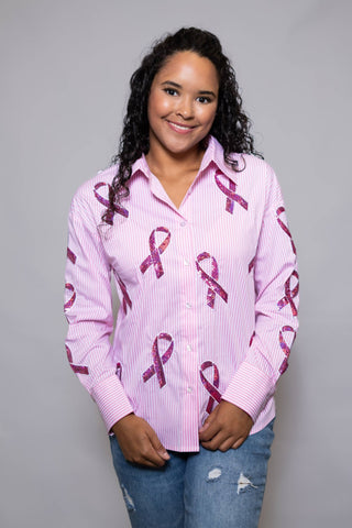 Breast Cancer Ribbons Pink Stripe Button - Down Sequin Shirt - Boutique Bella BellaButton - Up