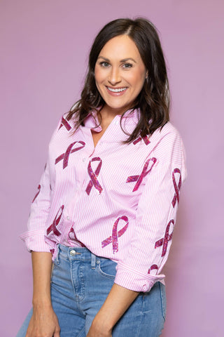 Breast Cancer Ribbons Pink Stripe Button - Down Sequin Shirt - Boutique Bella BellaButton - Up