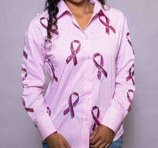 Breast Cancer Ribbons Pink Stripe Button - Down Sequin Shirt - Boutique Bella BellaButton - Up