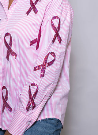 Breast Cancer Ribbons Pink Stripe Button - Down Sequin Shirt - Boutique Bella BellaButton - Up