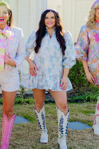 Brianna Cannon Bib Dress - Hydrangea Jacquard - Boutique Bella BellaDress