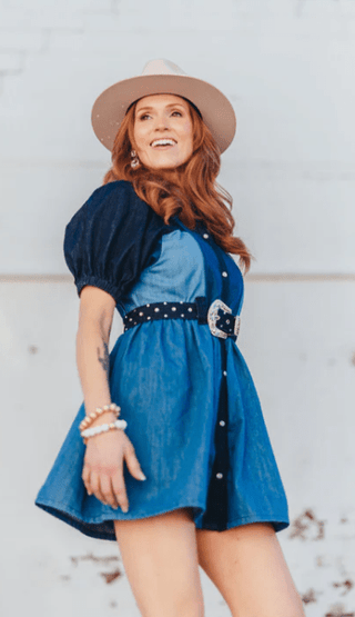 Brianna Cannon - Patchwork Denim Dress with Belt - Boutique Bella BellaBrianna Cannon